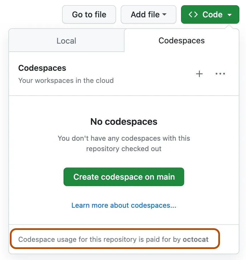 Диалоговое окно с кнопками для создания codespace